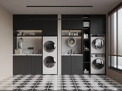 Contemporary Laundry Room Featuring Dark Cabinets Washing Machines Sink Round Mirrors And Patterned Floor 3d model