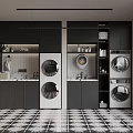 Contemporary Laundry Room Featuring Dark Cabinets Washing Machines Sink Round Mirrors And Patterned Floor