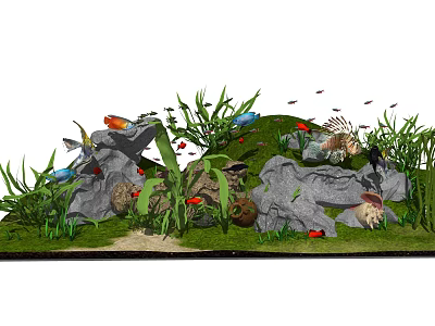 Freshwater Aquarium Tank With Colorful Fish Rocks Aquatic Plants and Decorations 3d model