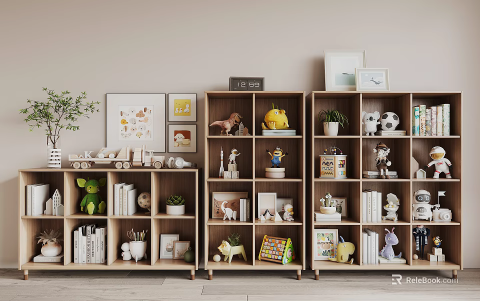 Stylish Wooden Bookcases Decorated With Books Figurines Small Plants And Photo Frames 3d model 