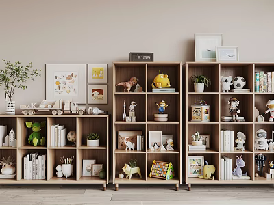 Stylish Wooden Bookcases Decorated With Books Figurines Small Plants And Photo Frames 3d model