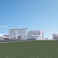 Modern Hospital Buildings Campus Layout With Green Spaces Parking Areas And Water Features