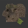Modern Interior Scene With Ancient Stone Tower Model And Green Plants