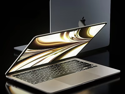 Sleek Silver Laptop Open With Golden Wave Display Screen And Reflective Surface 3d model