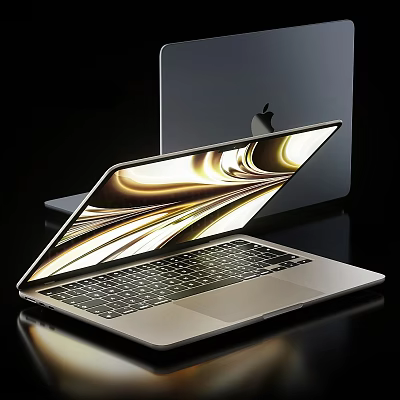 Sleek Silver Laptop Open With Golden Wave Display Screen And Reflective Surface 3d model