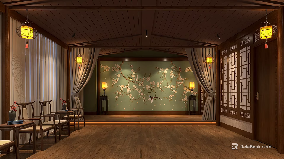 Script Murder Game Ancient Chinese Interior with Wooden Floor Green Wall Plum Blossoms Birds Lanterns 3d model 