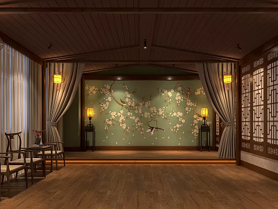Script Murder Game Ancient Chinese Interior with Wooden Floor Green Wall Plum Blossoms Birds Lanterns 3d model