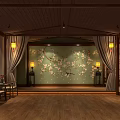Script Murder Game Ancient Chinese Interior with Wooden Floor Green Wall Plum Blossoms Birds Lanterns
