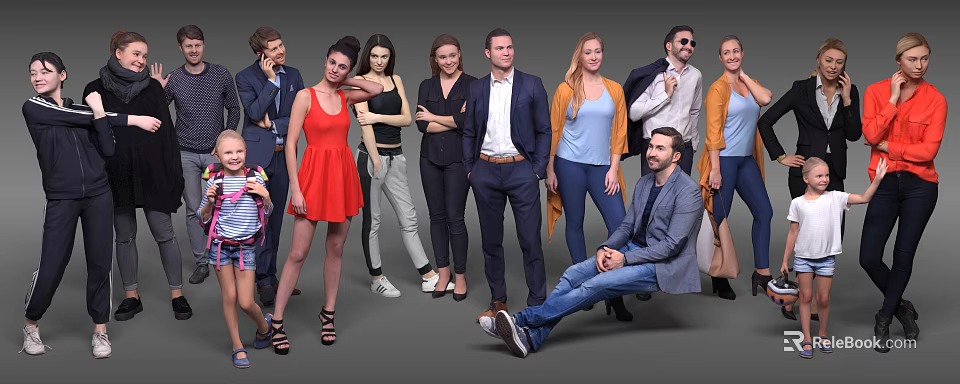 Group of Diverse People Standing and Sitting in Casual Formal Attire Against Grey Background 3d model 