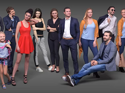 Group of Diverse People Standing and Sitting in Casual Formal Attire Against Grey Background 3d model