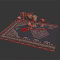 Patterned Blue Rug Displaying Multiple Gold Silver Trophies And Decorative Red Pink Edges