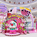 Pink Themed Stage In Shopping Mall With Cartoon Elements Balloons And Large Screen