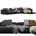 Light and Dark Colored Sectional Sofa with Corner Design Gray Brown Pillows and Blanket 3d model