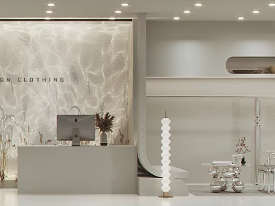 Elegant Modern Clothing Store Interior With Textured Wall Reception Desk Lighting And Mirror 3d model