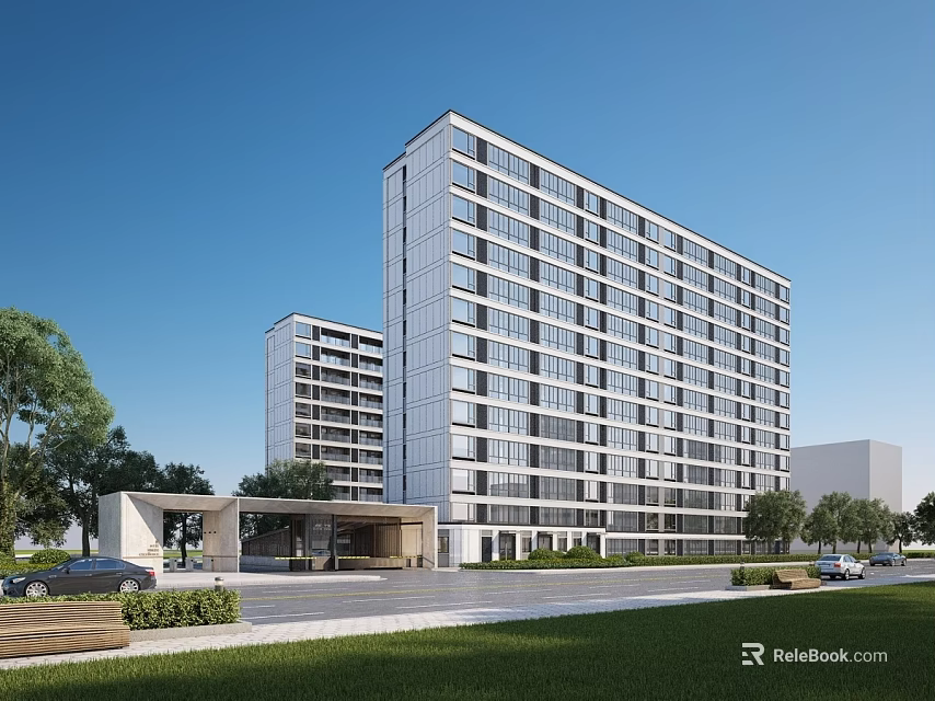 Modern High Rise Residential Building With Green Lawn Trees And Entrance Area 3d model 