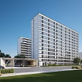 Modern High Rise Residential Building With Green Lawn Trees And Entrance Area