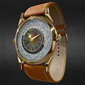 Luxury Gold Case Watch With Brown Leather Strap And Intricate Dial Design