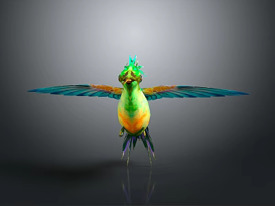 Colorful Bird With Green Head Yellow Belly And Blue Spread Wings With Reflection 3d model