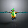 Colorful Bird With Green Head Yellow Belly And Blue Spread Wings With Reflection