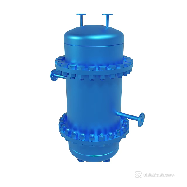 Blue Cylindrical Industrial Device With Multiple Flanges And Connecting Pipes 3d model 