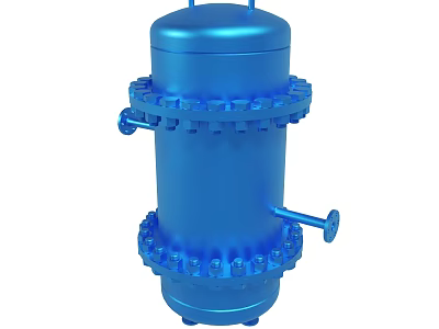 Blue Cylindrical Industrial Device With Multiple Flanges And Connecting Pipes 3d model