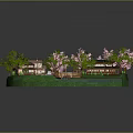 Vibrant Cartoon Scene With Cherry Blossom Trees Traditional Houses Small Bridge And Pond