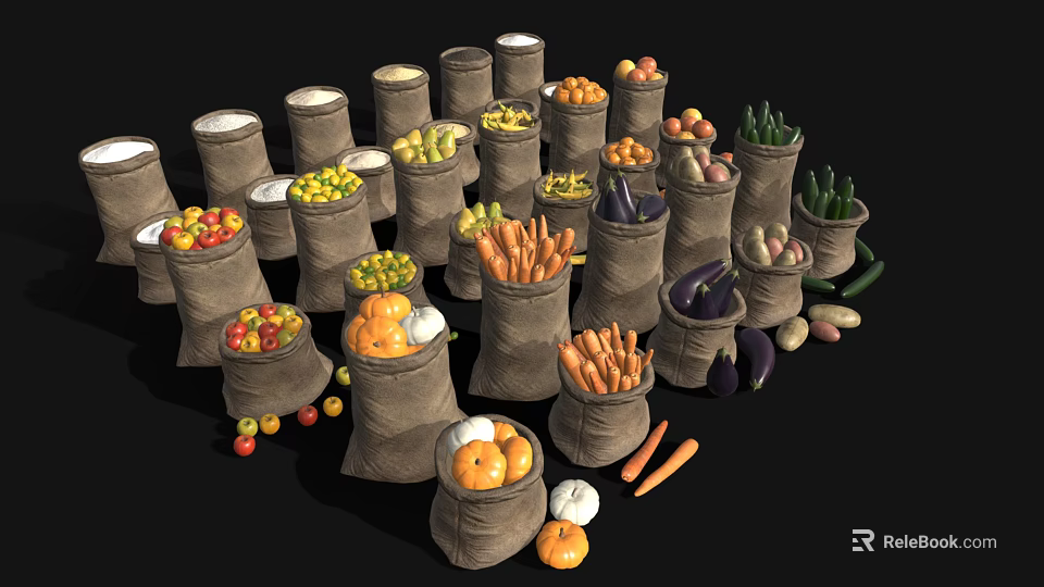 Durable Storage Sacks Filled With Assorted Fresh Fruits And Vegetables 3d model 