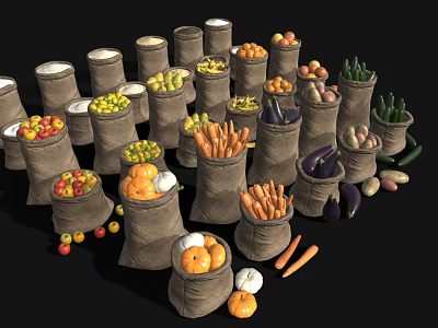 Durable Storage Sacks Filled With Assorted Fresh Fruits And Vegetables 3d model