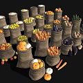 Durable Storage Sacks Filled With Assorted Fresh Fruits And Vegetables 3d model