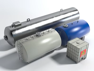 Industrial Storage Tanks In Silver Gray And Blue With Metal Body And Warning Sign 3d model