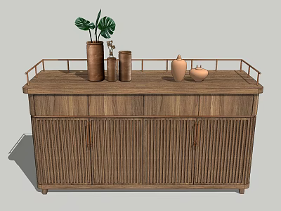 Wooden Entryway Console Table With Vertical Slat Design Metal Rail Decorative Vases And Green Plant 3d model