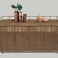 Wooden Entryway Console Table With Vertical Slat Design Metal Rail Decorative Vases And Green Plant