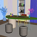 Modern Wooden Oval Tea Table with Chairs Stools and Tea Set 3d model