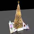 Golden Decorated Christmas Tree With Gifts Small Trees And Merry Christmas Sign