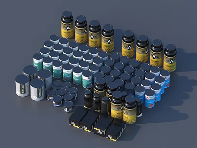 Industrial Equipment Including Various Colored Sized Storage Jars And Boxes With Warning Labels 3d model