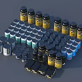 Industrial Equipment Including Various Colored Sized Storage Jars And Boxes With Warning Labels