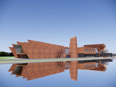 Modern Red Brick Architecture With Unique Design And Water Reflection Exterior 3d model
