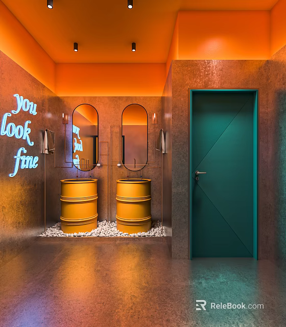 Public Restroom Interior Design With Orange Walls Yellow Barrel Sinks Mirrors Turquoise Door White Pebbles 3d model 