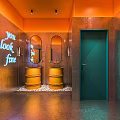 Public Restroom Interior Design With Orange Walls Yellow Barrel Sinks Mirrors Turquoise Door White Pebbles