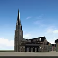 Charming Commercial Street With Spire Tower And Diverse Architecture Buildings