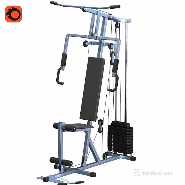 All in one home gym equipment with padded seat weight plates and resistance cables 3d model 