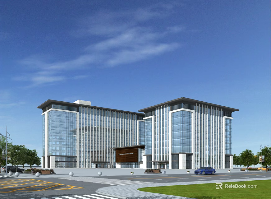 Modern Twin Office Building With Glass Curtain Walls And Front Plaza Landscaping 3d model 