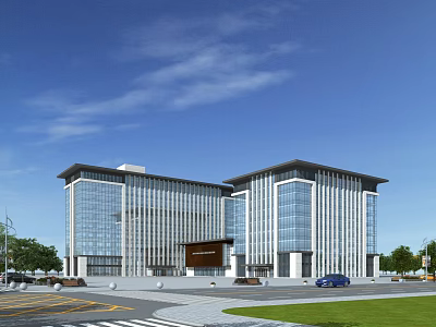 Modern Twin Office Building With Glass Curtain Walls And Front Plaza Landscaping 3d model
