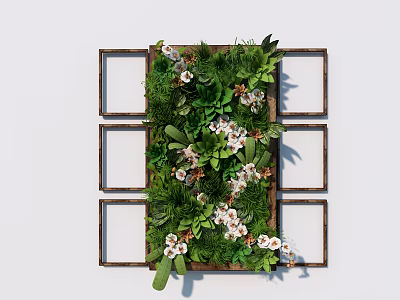 Living Plant Wall Interior Decor Featuring Four Wooden Frames Green Plants And White Flowers 3d model