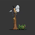 Cartoon Bee 3D Model Standing On Wooden Stump With Green Grass And Small Yellow Figure