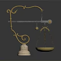 Ornate Golden Balance Scale With Decorative Brass Frame White Base And Hanging Tray