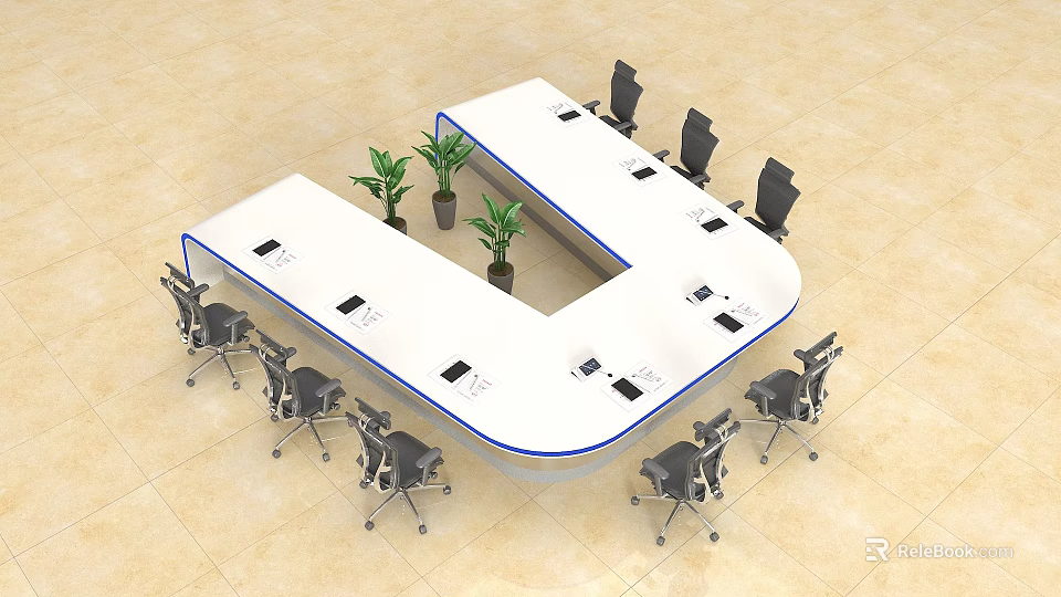 U Shaped Conference Table With White Top Blue Edge Black Office Chairs And Green Plants 3d model 