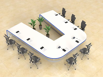 U Shaped Conference Table With White Top Blue Edge Black Office Chairs And Green Plants 3d model