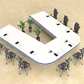 U Shaped Conference Table With White Top Blue Edge Black Office Chairs And Green Plants