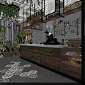 Café Interior Design With Green Plants Wooden Counter Cake Display And Decorative Shelves